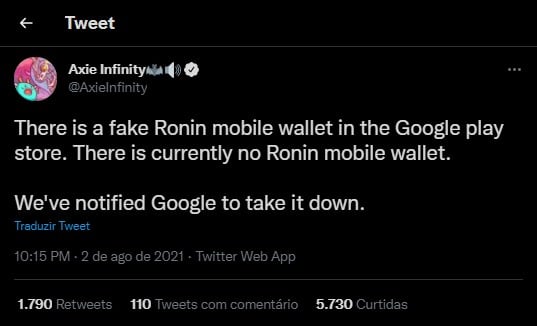 Axie Infinityn Twitter -profiili varoitti väärennetystä Roninista Google Playssa